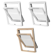 An image showing the 3 types of Dakea Better View High Pivot Roof Window KAV. They are with a Pine wood finish, a white finish and also the white PVC finish.