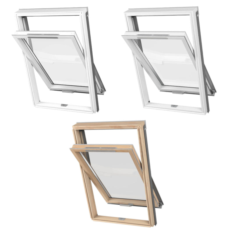 An image showing the 3 types of Dakea Better View High Pivot Roof Window KAV. They are with a Pine wood finish, a white finish and also the white PVC finish.