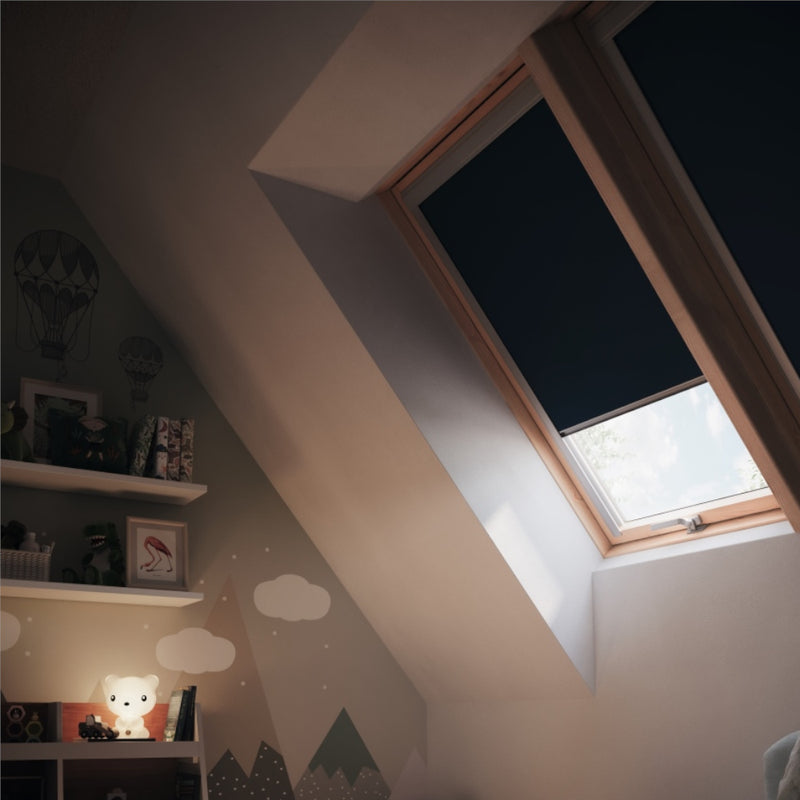 An image showing a Dakea window with a dark blue coloured blackout blind 4212 in a bedroom