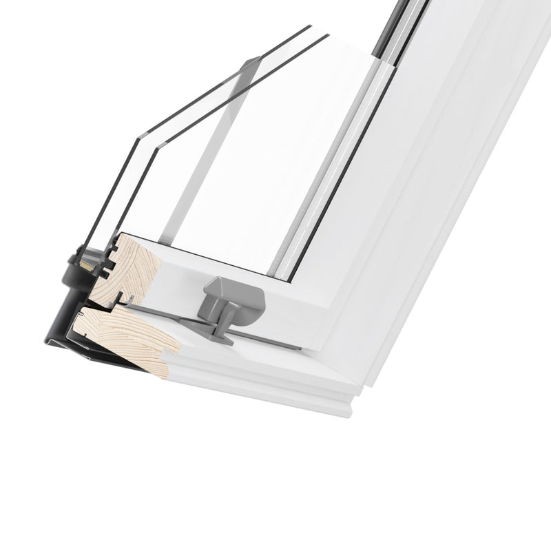 A close up imageof a Dakea Conservation Centre Pivot Roof Window Better Vintage KCV-B911 and cross-sections of how it is made up.