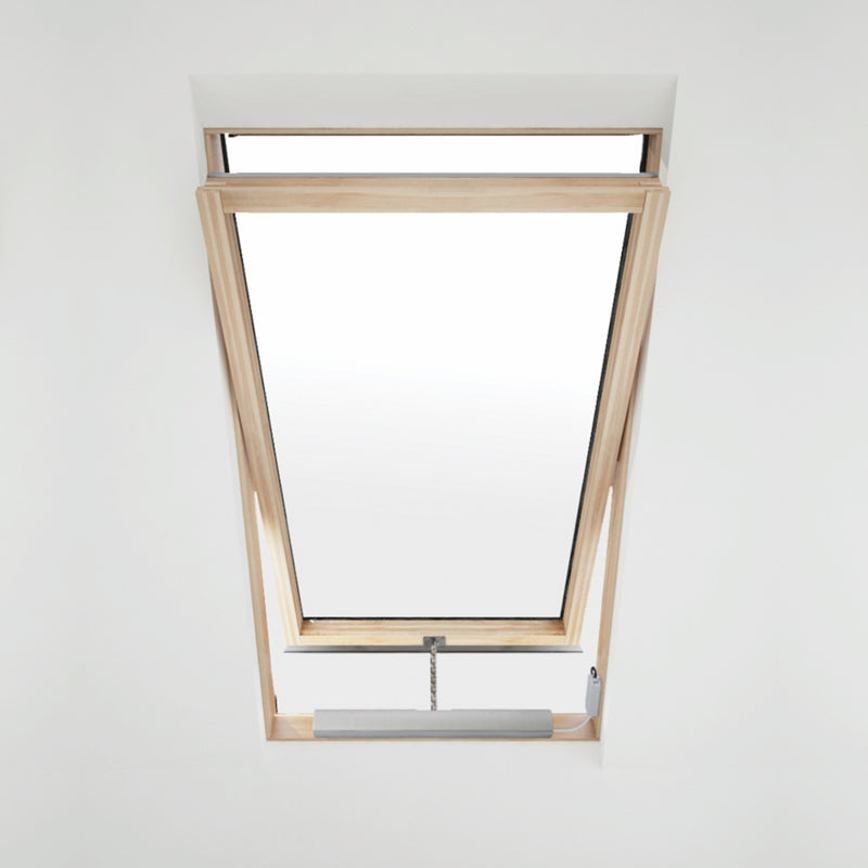 An image of a Dakea Electric Opener AMC 100 installed onto a window, showing what it looks like when open.