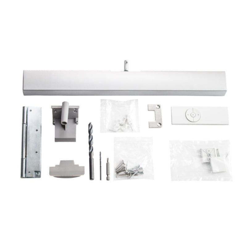 An image of a Dakea Electric Opener AMC 100 and all of the components and fixings it comes with.