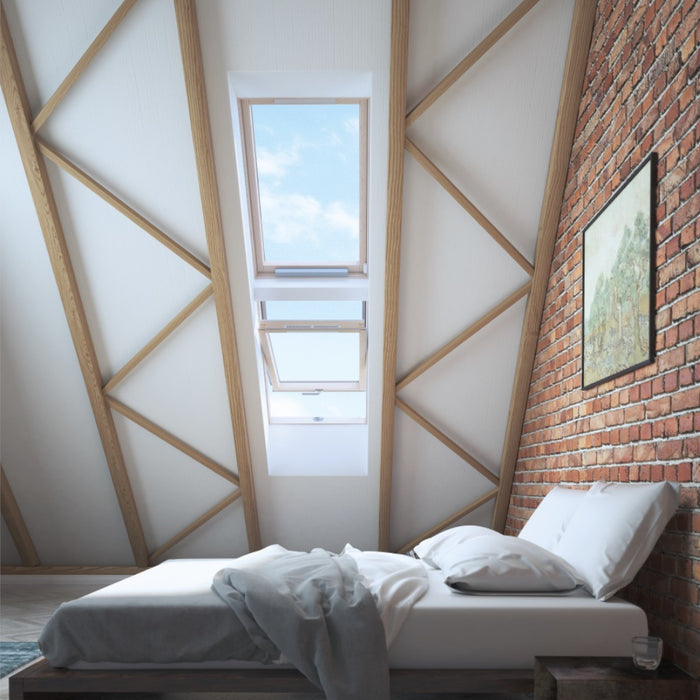 An image showing a Dakea Electric Opener AMC 100 on windows in a bedroom to give an example of what it looks like.