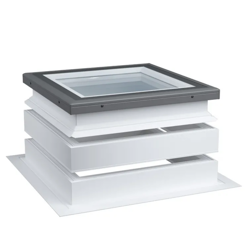 An image showing the Dakea Extention Curb With Flange - FRC-F with another extension curb on top - FRC also with a Material Fixing Kit - FAF with a flat roof window on top.