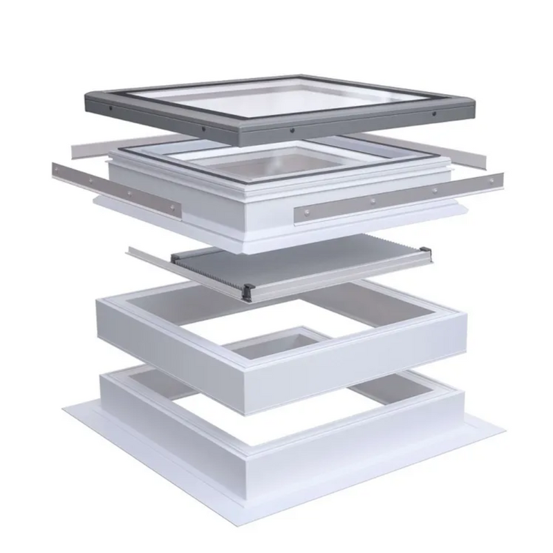 An image showing a Dakea Azure fixed window with the accessories Extension Curb With Flange - FRC-F with another extension curb on top - FRC also with a Material Fixing Kit - FAF. Also it can the Solar lblind with a flat roof window on top.