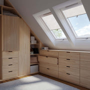 Am image of a Dakea Good Centre Pivot Roof Windows fitted into a Bedroom to show what it looks like.