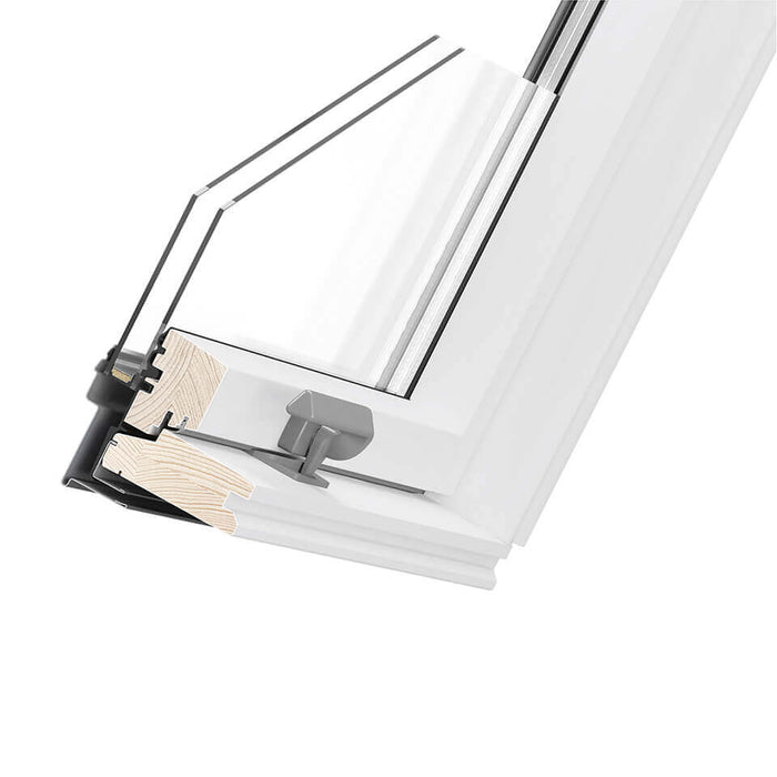 An close up image of Dakea Good Centre Pivot Roof Window cross section to show the components of the window and how its put together.