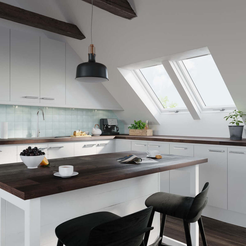 Am image of a Dakea Good Centre Pivot Roof Windows fitted into a kitchen to show what it looks like.