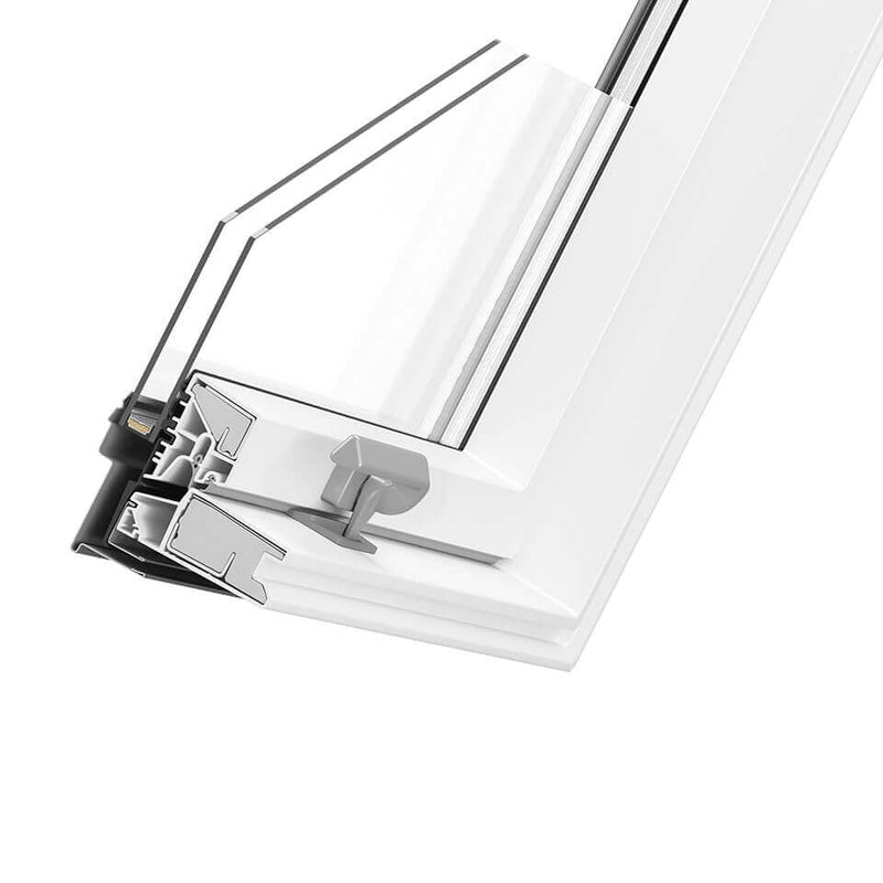 An close up image of Dakea Good Centre Pivot Roof PVC Window cross section to show the components of the window and how its put together.