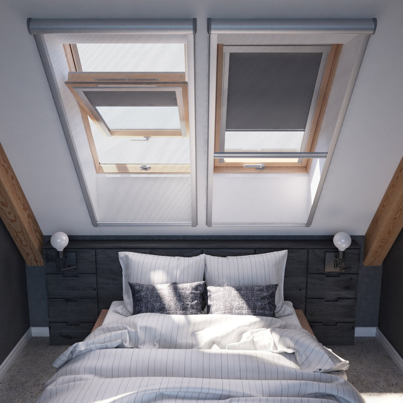 A image showing a Dakea Insect Screen for Roof Windows ZIA installed on the inside of a window.