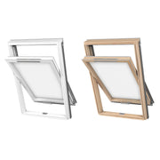 An image showing both types of Dakea Good Opaque Centre Pivot Roof Window. Once has a wooden frame and the other is PVC white.