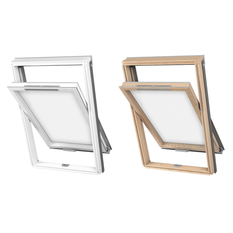 An image showing both types of Dakea Good Opaque Centre Pivot Roof Window. Once has a wooden frame and the other is PVC white.