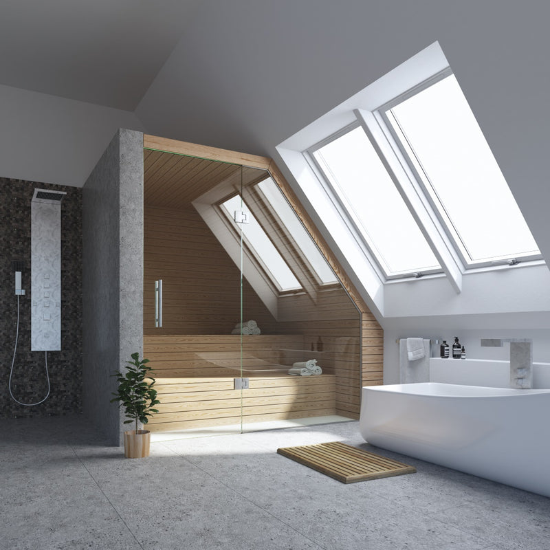 An image showing Dakea Good Opaque Centre Pivot Roof Windows with both white KAV B3310 and wooden KAV B3300 frames. They are in a bathroom to show how much light they can ring in and the style.