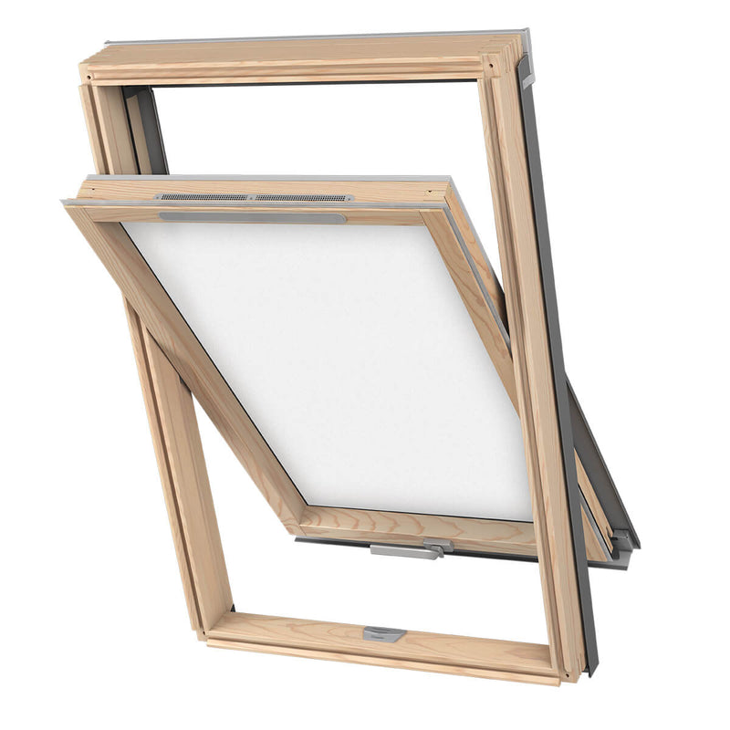 An image showing a Dakea Good Opaque Centre Pivot Roof Window with a wooden frame. The window is open to show the centre pivot position 