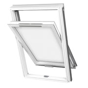 An image showing a Dakea Good Opaque Centre Pivot Roof Window with a white KAV B3310 frame. The window is open to show the centre pivot position 