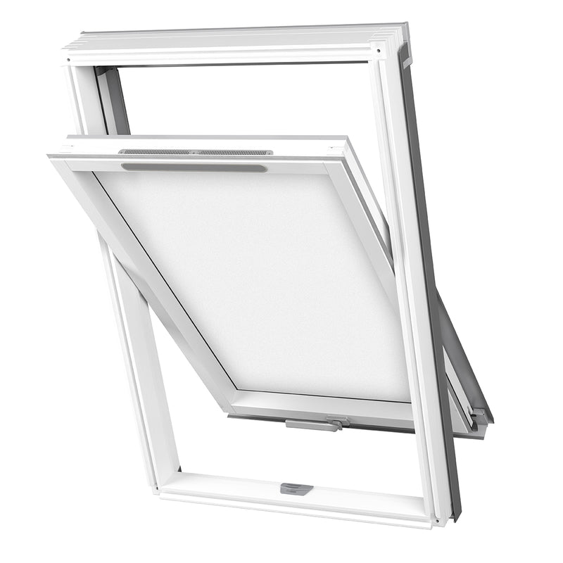 An image showing a Dakea Good Opaque Centre Pivot Roof Window with a white KAV B3310 frame. The window is open to show the centre pivot position 