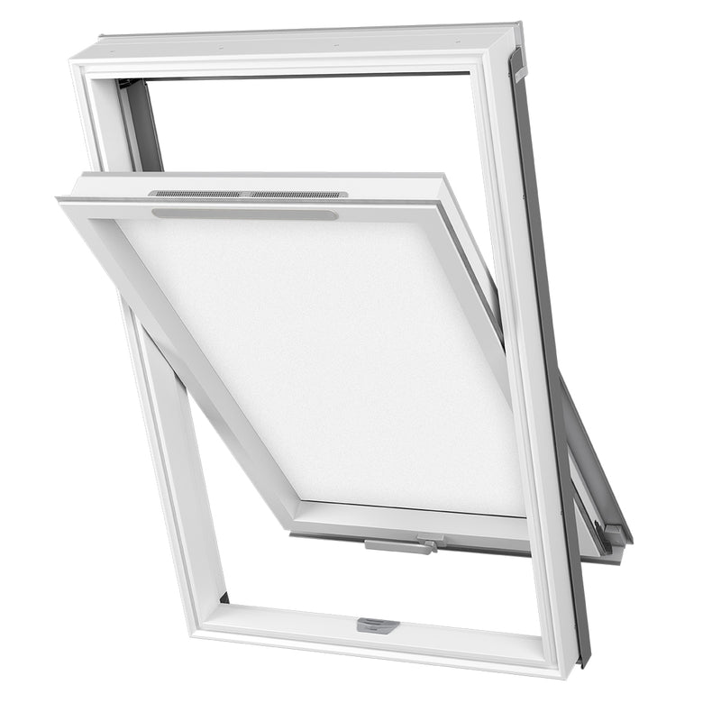 An image showing a Dakea Good Opaque Centre Pivot Roof Window with a white PPV frame. The window is open to show the centre pivot position 