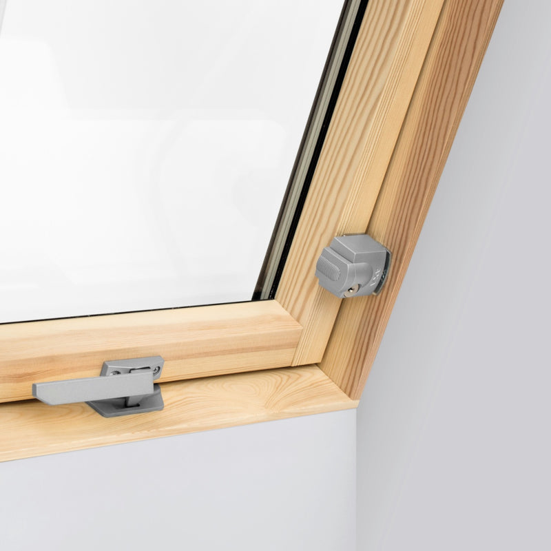 An image showing a Dakea Safety Lock - SLK on a closed window to show what it looks like.