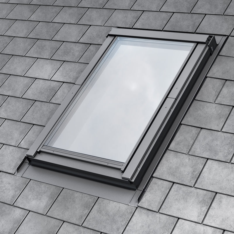 An image showing the Dakea Slate Flashing with One Piece Side Element KLS and what it llookslike installed onto a window.