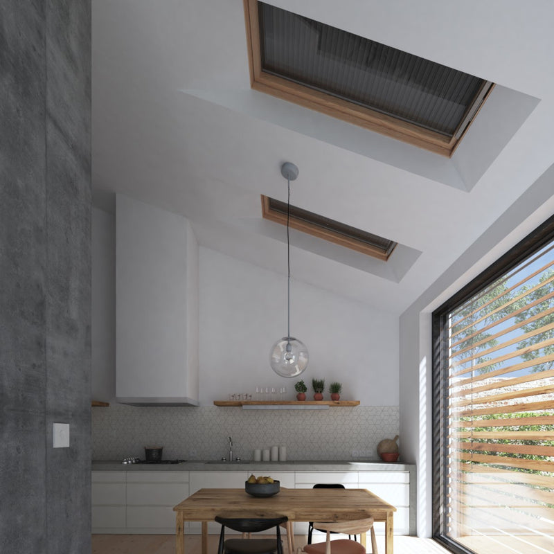 An image showing Dakea Solar Roller Shutters - SSR installed into a kitchen and closed to show how they look.