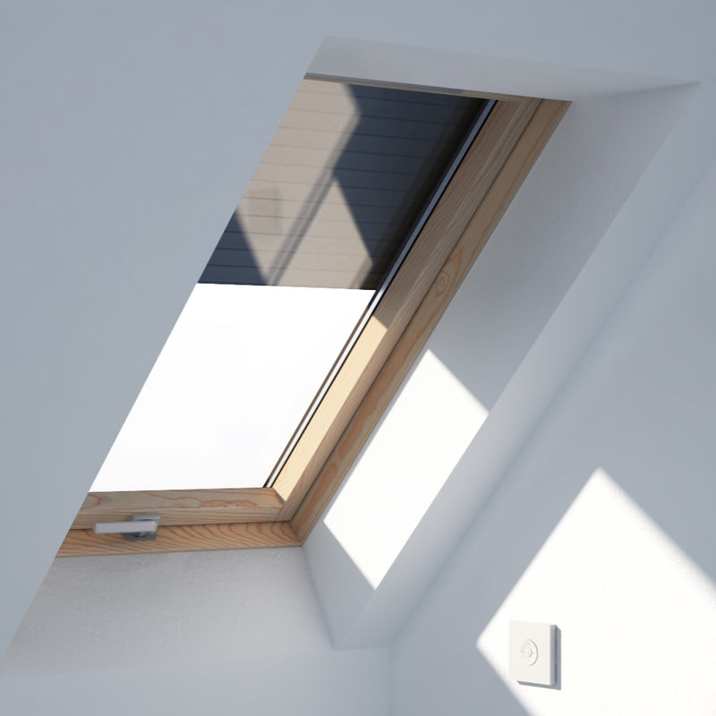 An image showing Dakea Solar Roller Shutters - SSR from the inside of a room when half opened to show what they look like.