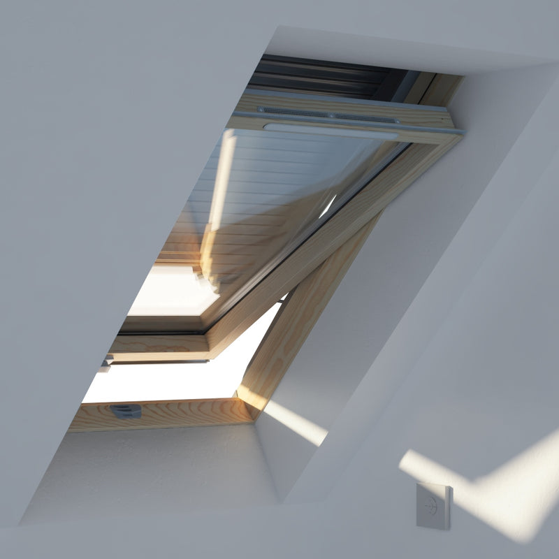 An image showing Dakea Solar Roller Shutters - SSR from the inside of a room when partially opened to show what they look like with an open window.