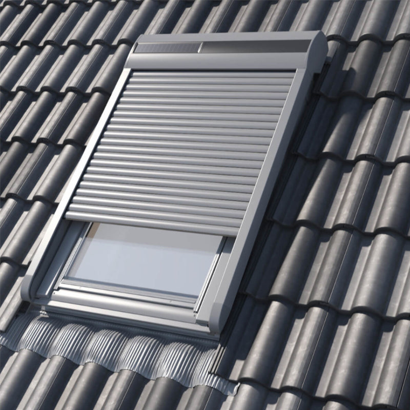 An image showing Dakea Solar Roller Shutters - SSR from the outside of a roof to show what they look like when partially opened on a closed window