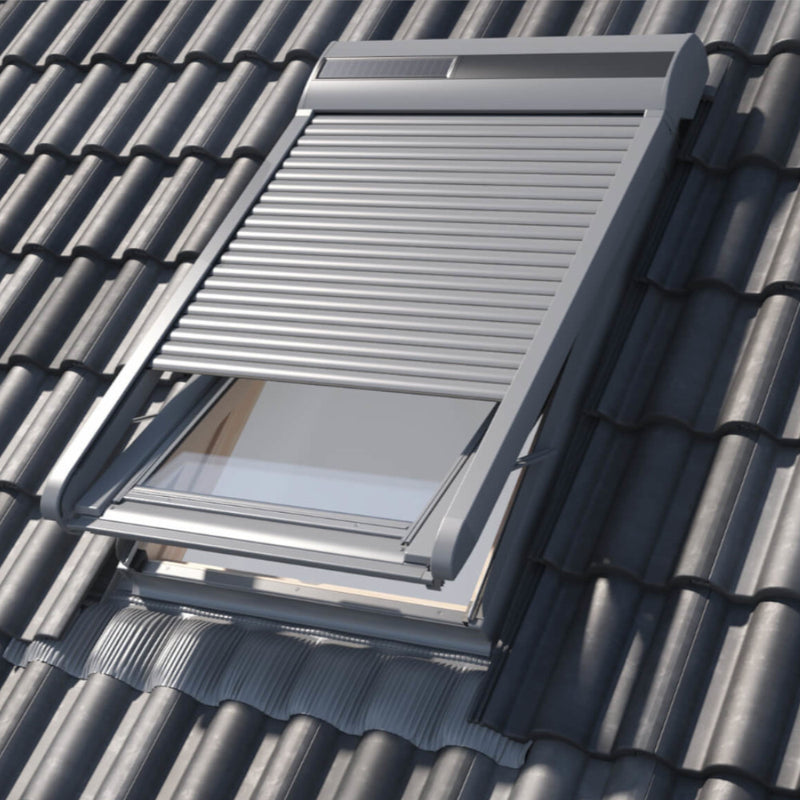 An image showing Dakea Solar Roller Shutters - SSR from the outside of a roof to show what they look like when partially opened on an open window