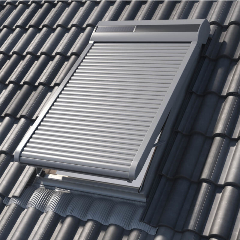 An image showing Dakea Solar Roller Shutters - SSR from the outside of a roof to show what they look like when fully closed on an open window