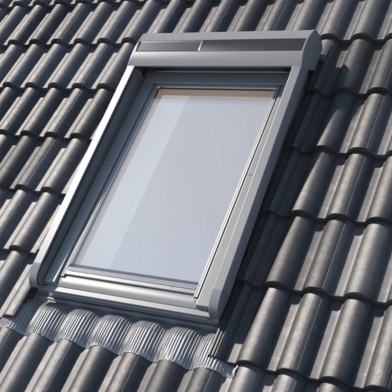 An image showing Dakea Solar Roller Shutters - SSR from the outside of a roof to show what they look like when fully opened on a closed window