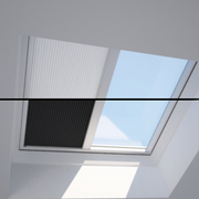 An image showing a split picture of both the white and black Dakea Solar blinds For Flat Roof Windows - FSA