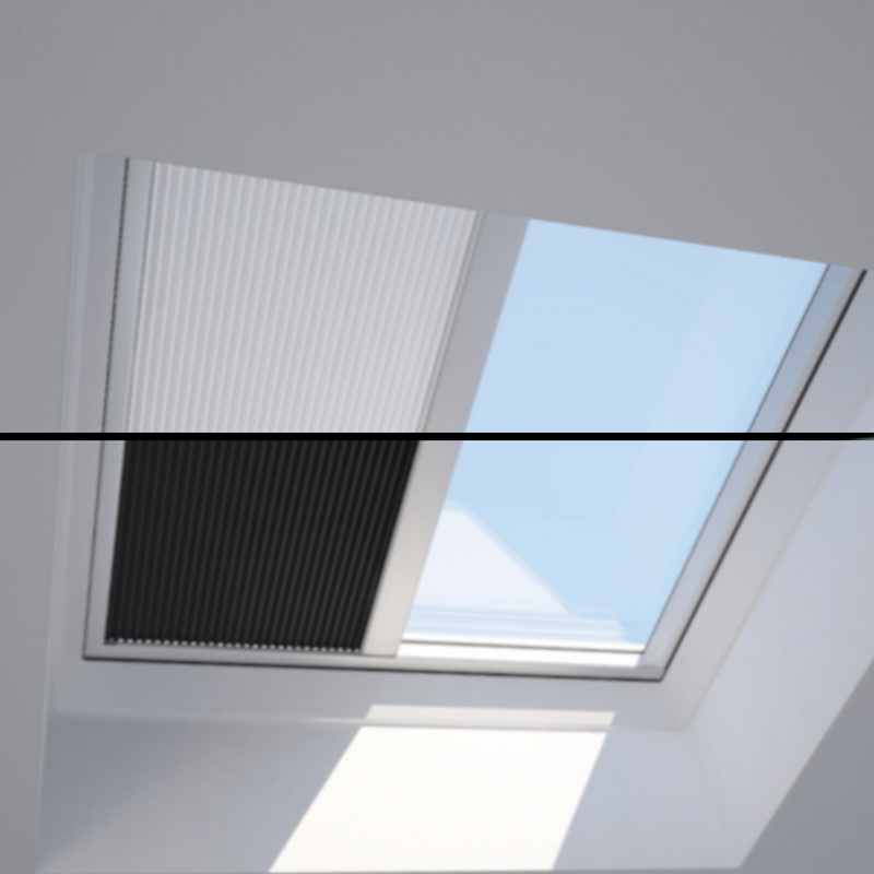 An image showing a split picture of both the white and black Dakea Solar blinds For Flat Roof Windows - FSA