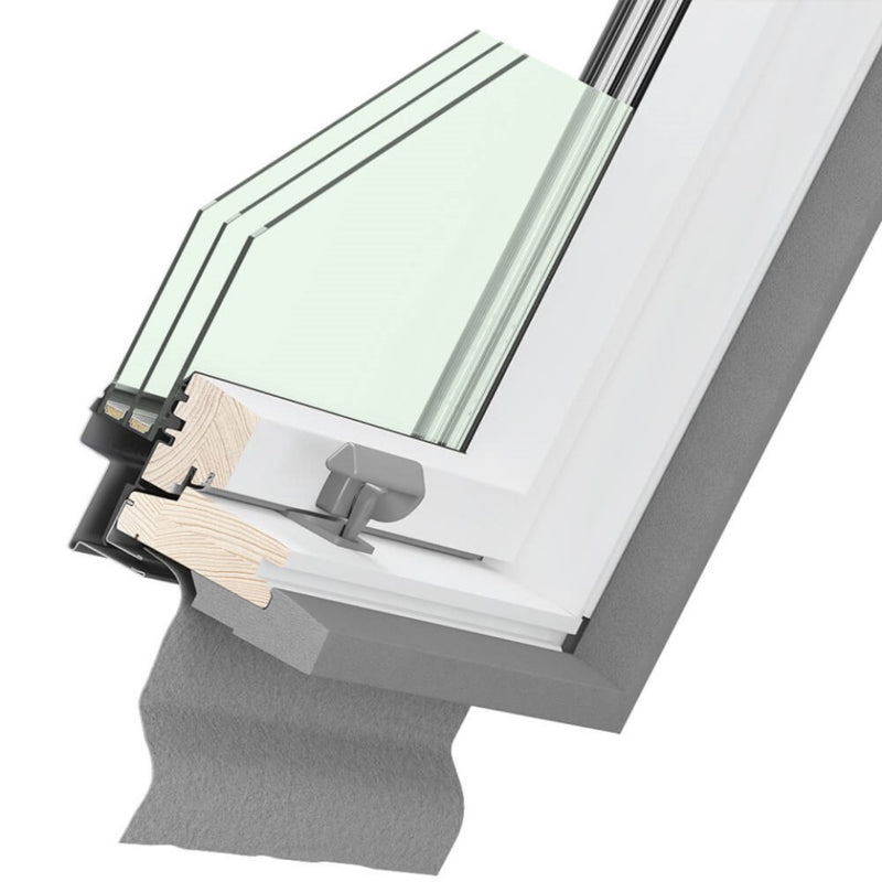 An image showing a cross section of a Dakea Ultima Energy Centre Pivot Roof Window KEV-B1810