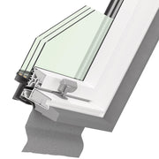 An image showing a cross section of a Dakea Ultima Energy Centre Pivot Roof Window PVC-KEP-B1800