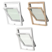 An image showing three types of Dakea Ultima Energy Centre Pivot Roof Windows in White (KEV-B1810), Pine (KEV-B1800) and PVC (PVC-KEP-B1800)