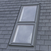 An image showing a Dakea Universal Slate Flashing Kit used for Sloped Fixed Roof Windows - KSI and what it looks like when from the outside of a roof with the window installed.