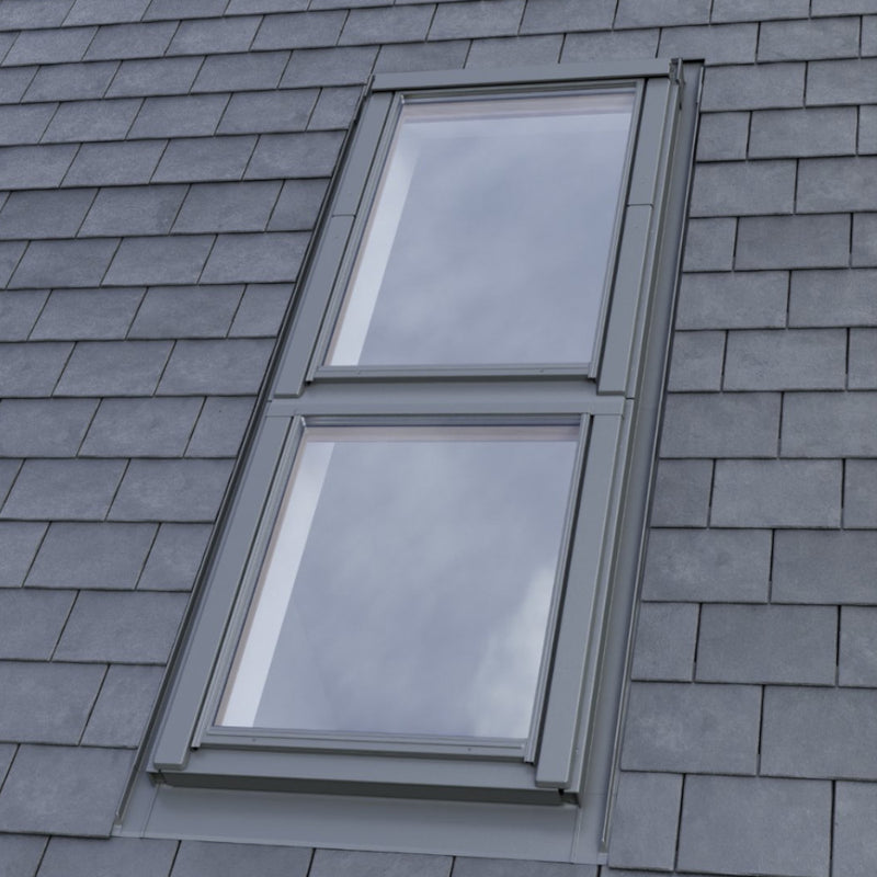An image showing a Dakea Universal Slate Flashing Kit used for Sloped Fixed Roof Windows - KSI and what it looks like when from the outside of a roof with the window installed.