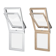 An image showing both colours of the Dakea Vertica Energy Vertical Fixed Extension Pitched Roofing Window, Pine KAN B1600 and White KAN B1610