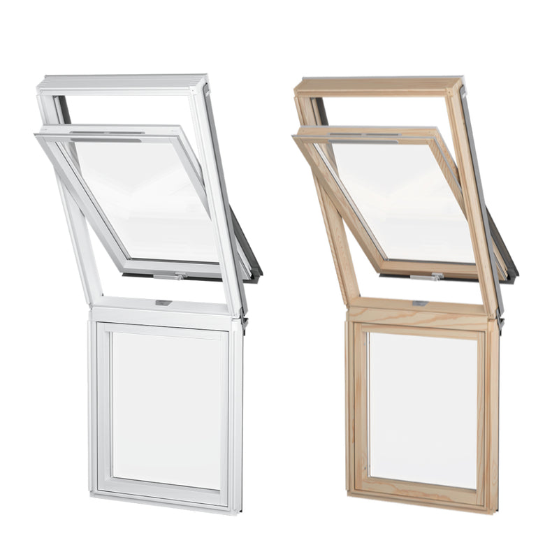 An image showing both colours of the Dakea Vertica Energy Vertical Fixed Extension Pitched Roofing Window, Pine KAN B1600 and White KAN B1610