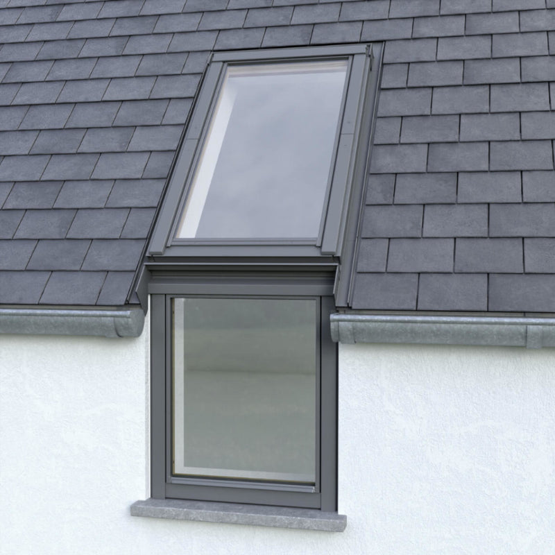 An image showing the Dakea Vertica Energy Vertical Fixed Extension Pitched Roofing Window in White KAN B1610. The image shows what it looks like from the outside