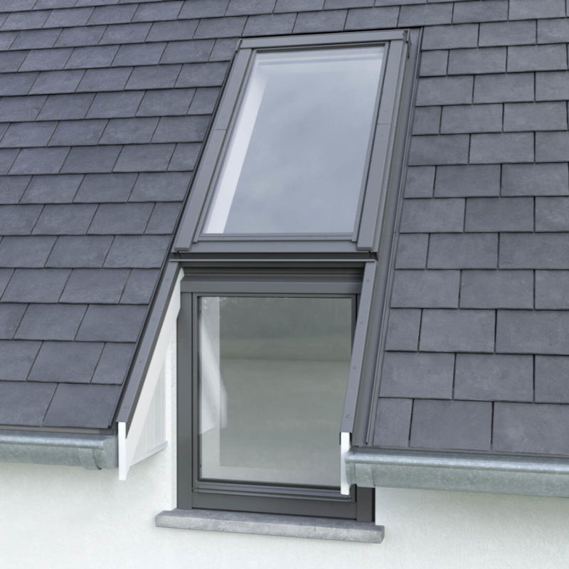 An image showing the Dakea Vertica Energy Vertical Fixed Extension Pitched Roofing Window in White KAN B1610. The image shows what it looks like from the outside