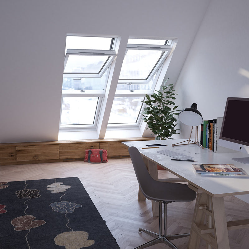 An image showing a Dakea Vision Energy Pitched Roofing Window KAI B1610 in a White interior finish. The image shows what it looks like in an office.