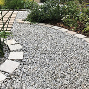 An image showing Dapple Grey Granite Stone Aggregate Chippings. They are laid as a path in a garden.