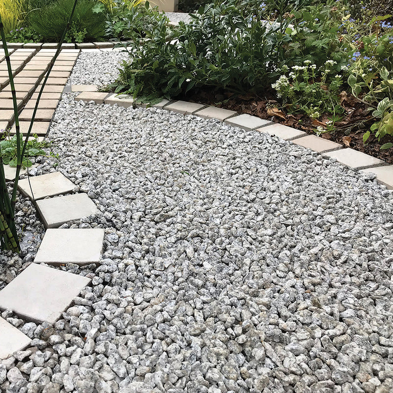 An image showing Dapple Grey Granite Stone Aggregate Chippings. They are laid as a path in a garden.