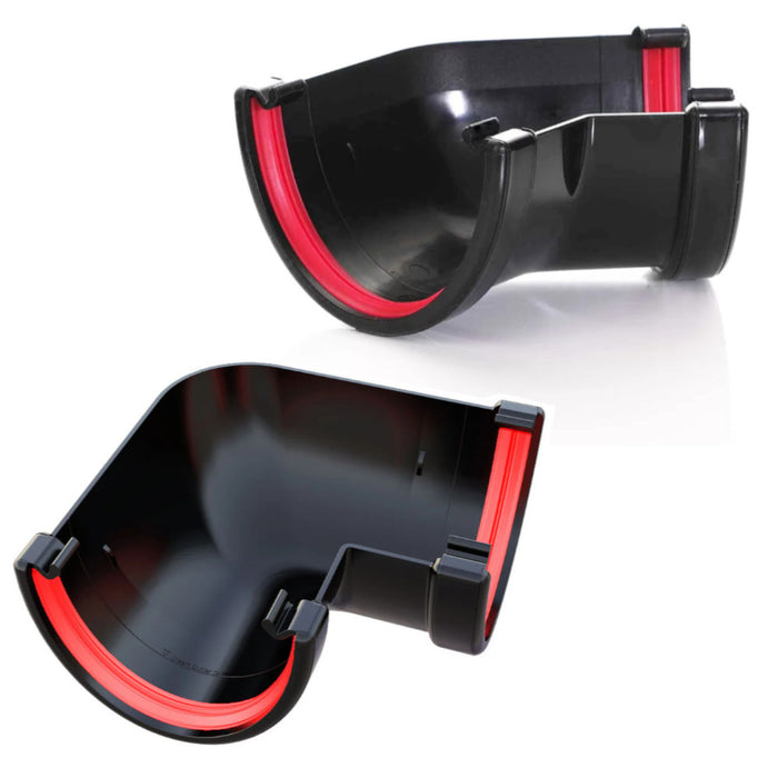 An image of Deep flow 90 and 135 degree angle corner gutter components in black
