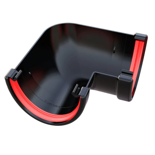 An image of a deep flow 90 degrees corner angle gutter component in black. It is against a white background