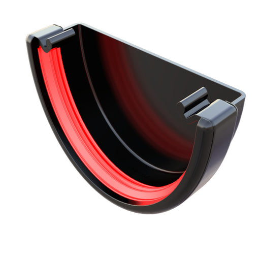 An image of the Deep Gutter External Stop End in the colour Black. It also has a red seal running along the inner edge. It is against a white background.