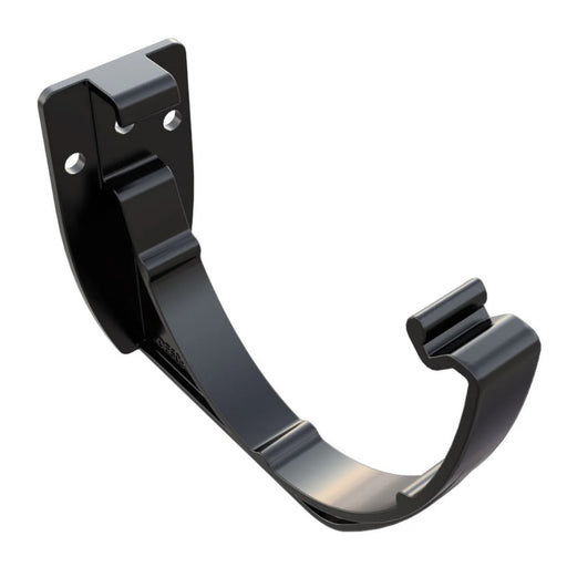 An image of a Deep Flow Facia Bracket gutter component, which is black in colour. It is against a white background