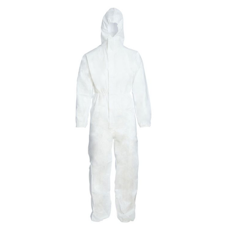 An image of a Disposable White Coverall Suit Type 5-6 in the size XL
