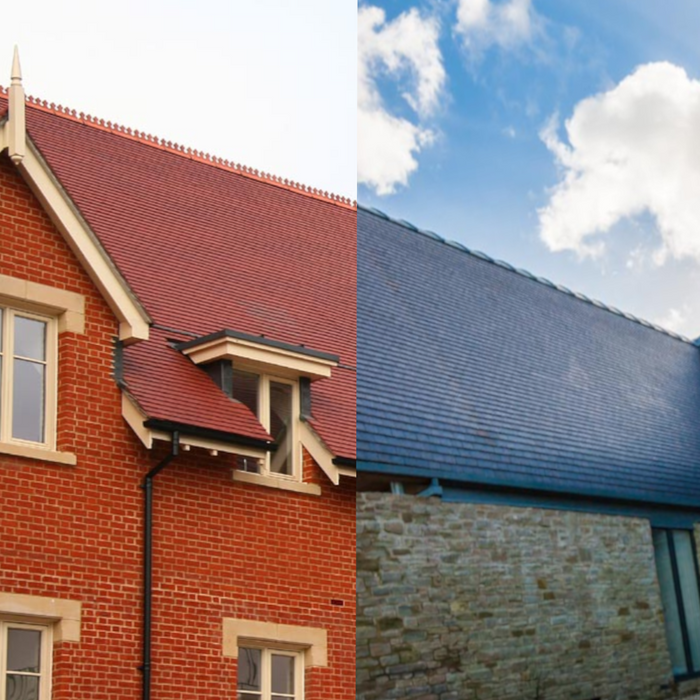 An image of a roof fitted with Dreadnought Machine Made Clay Tiles, half in Staffordshire Blue and half in Red